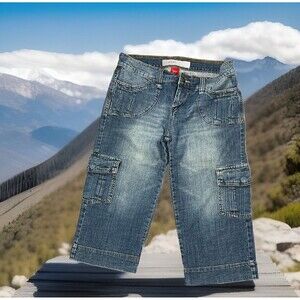 Mossimo Denim Capri Wide Leg Fade Jeans 7 Retro Low Rise Cargo Pockets Stretch